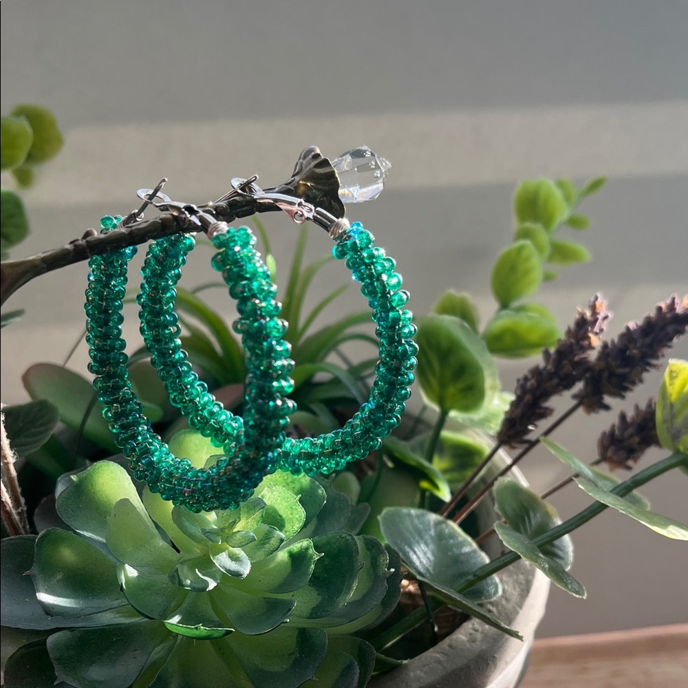 Iridescent Green Seed Bead Hoop Earrings